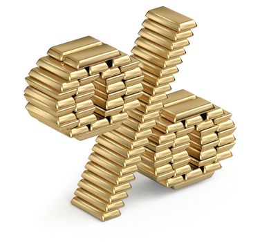 Percent sign from stacked gold bars 3d in isometric on white background