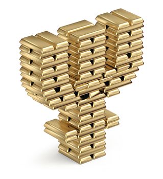Primecoin symbol from stacked gold bars 3d in isometric on white background