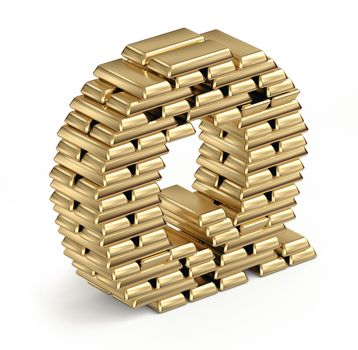 Letter Q from stacked gold bars 3d in isometric on white background