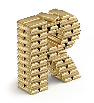 Letter R from stacked gold bars 3d in isometric on white background