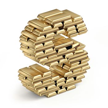 Letter S from stacked gold bars 3d in isometric on white background
