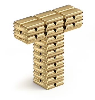 Letter T from stacked gold bars 3d in isometric on white background