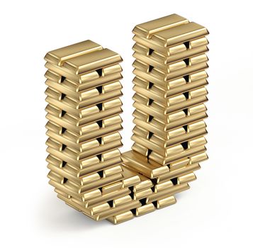 Letter U from stacked gold bars 3d in isometric on white background