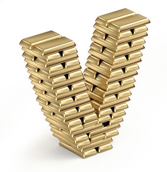 Letter V from stacked gold bars 3d in isometric on white background