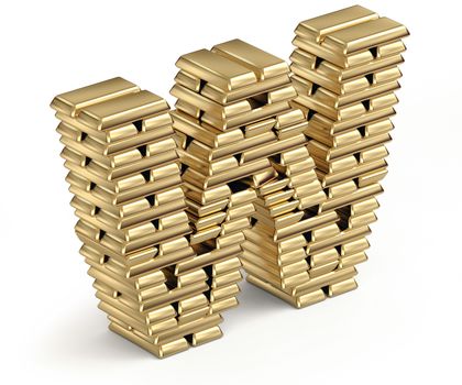 Letter W from stacked gold bars 3d in isometric on white background