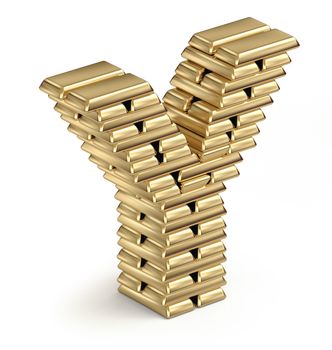 Letter Y from stacked gold bars 3d in isometric on white background
