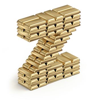 Letter Z from stacked gold bars 3d in isometric on white background