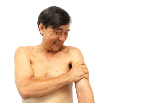 "Muscle strain" Old aged thai man grasp his arm. And blank area at right side