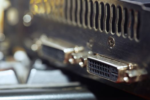 Close-up view of computer graphic card. Horizontal photo