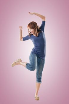 Excited Asian young girl, full length portrait isolated.