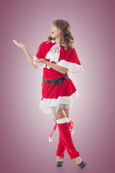 Smile happy Asian Christmas girl introduce, isolated full length portrait.