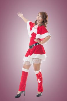 Smile happy Asian Christmas girl introduce, isolated full length portrait.