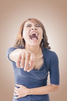 Asian woman pointing and laughing at you, closeup portrait.