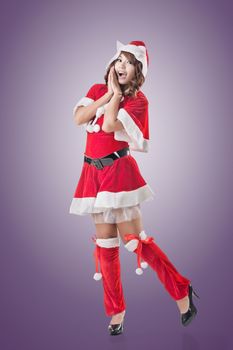 Attractive Christmas lady of Asian woman, full length portrait.