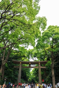 Japan - May 25, 2014. Many people walk through Torii(gate) in old temple area ,Japan