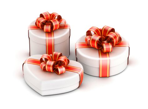 Heart shaped, round and square gift boxes with red ribbons