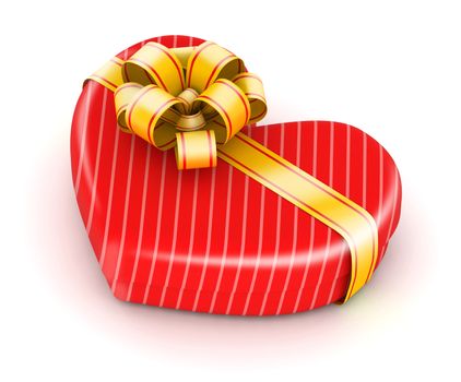 Red heart shaped striped gift box with goldribbons