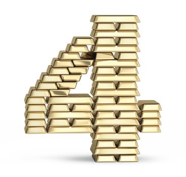 Number  4 from stacked gold bars on white background