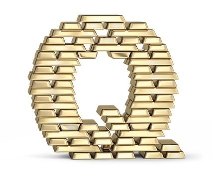 Letter Q from stacked gold bars on white background