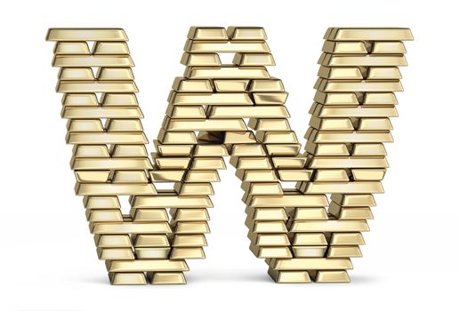 Letter W from stacked gold bars on white background