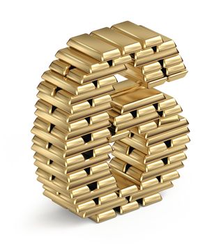 Number 6 from stacked gold bars  3d in isometric on white background