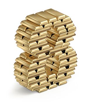 Number 8  from stacked gold bars  3d in isometric on white background