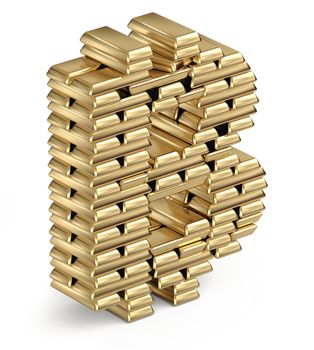 Bitcoin symbol from stacked gold bars on white background