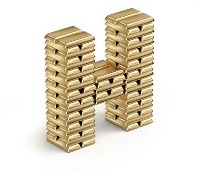 Letter H from stacked gold bars 3d in isometric on white background
