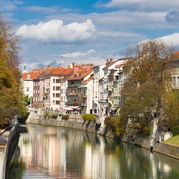 Medieval houses in Ljubljana old city centre on Ljublanica's bank. Ljubljana, Slovenia, Europe. 