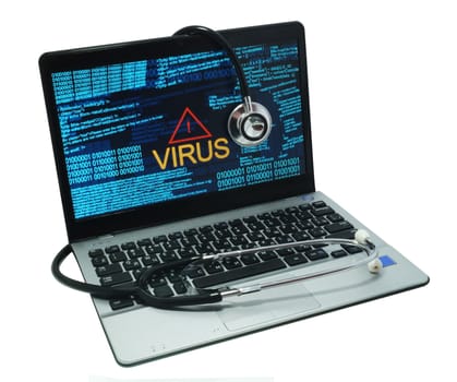 Stethoscope lying on laptop. Laptop infected by virus