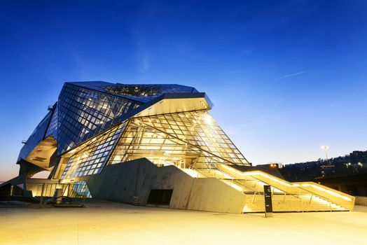 Confluences museum in Lyon city buy sunset, 