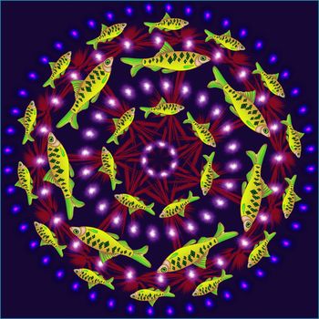 Digital computer graphic - patterned mandala with a fishes for design.