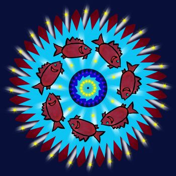 Digital computer graphic - patterned mandala with a fishes for design.