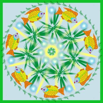 Digital computer graphic - patterned mandala with a fishes for design.