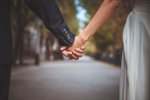 couple holding hand together in park while walking