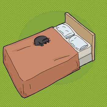 Cartoon of sleeping black cat on bed with pillows
