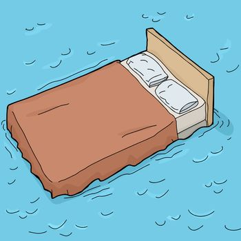 Single hand drawn cartoon bed floating in water