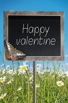 Blank chalkboard on a meadow with text Happy valentine