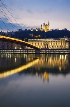 Vertical view of Saone river at Lyon by night, France