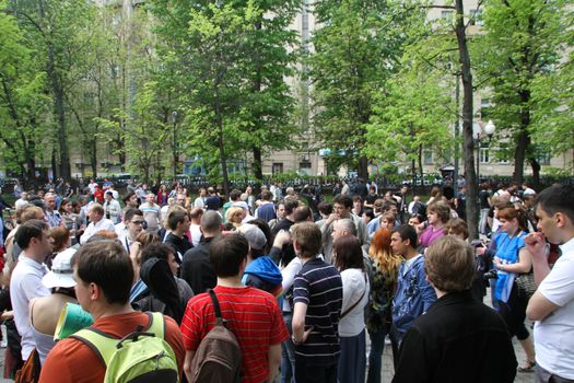 Moscow, Russia - May 8, 2012. Protesting against violations on elections the opposition occupied the square tease a monument to the poet to Abay, this movement received the name of Okkupay Abay