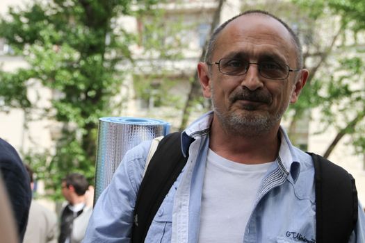 Moscow, Russia - May 8, 2012. Protesting against violations on elections the opposition occupied the square tease a monument to the poet to Abay, this movement received the name of Okkupay Abay