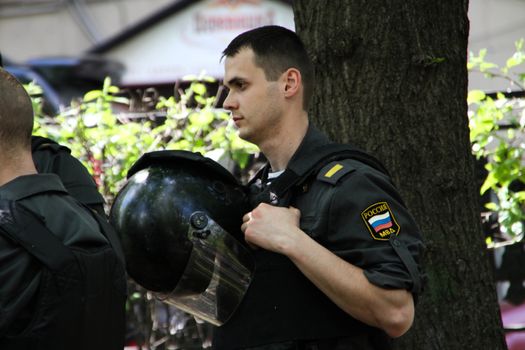 Moscow, Russia - May 8, 2012. Protesting against violations on elections the opposition occupied the square tease a monument to the poet to Abay, this movement received the name of Okkupay Abay