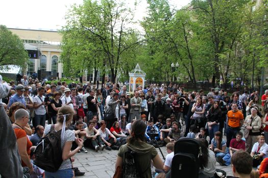 Moscow, Russia - May 8, 2012. Protesting against violations on elections the opposition occupied the square tease a monument to the poet to Abay, this movement received the name of Okkupay Abay