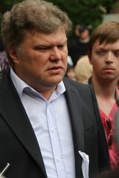 Moscow, Russia - May 8, 2012. Protesting against violations on elections the opposition occupied the square tease a monument to the poet to Abay, this movement received the name of Okkupay Abay