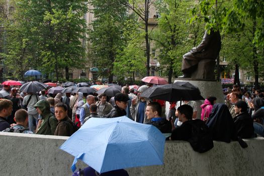 Moscow, Russia - May 8, 2012. Protesting against violations on elections the opposition occupied the square tease a monument to the poet to Abay, this movement received the name of Okkupay Abay