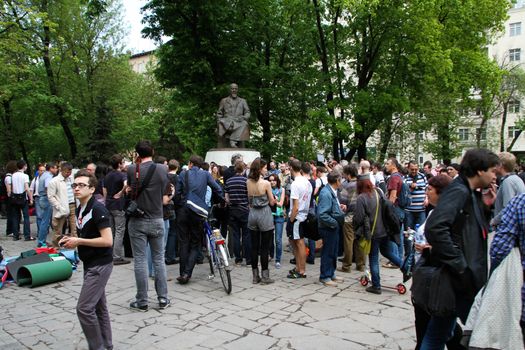 Moscow, Russia - May 8, 2012. Protesting against violations on elections the opposition occupied the square tease a monument to the poet to Abay, this movement received the name of Okkupay Abay