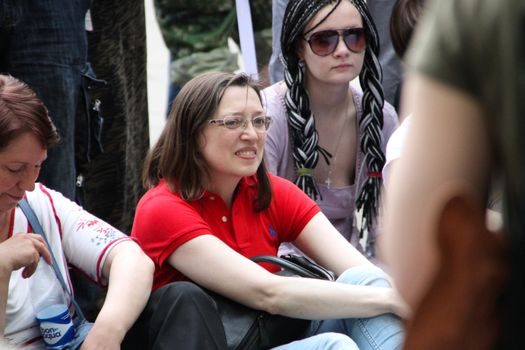 Moscow, Russia - May 8, 2012. Protesting against violations on elections the opposition occupied the square tease a monument to the poet to Abay, this movement received the name of Okkupay Abay