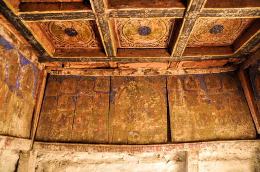 Decorated ceiling in an old nepalese house in himalayas