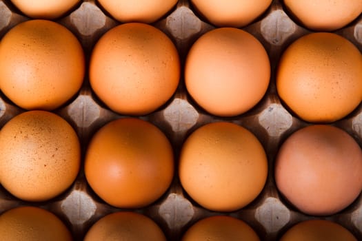 Brown chicken eggs in the package. Top view