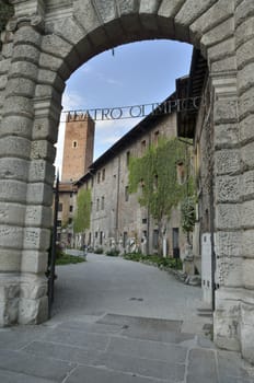 The entrance to the Olympic theater, in Vicenza, Northern Italy. The rusticated entrance arch was designed by Scamozzi.